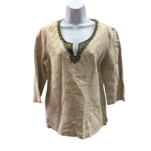 Michael Kors Womens Sz 10 Tunic 3/4 Sleeve Front Detaill beige 100%Linen beaded